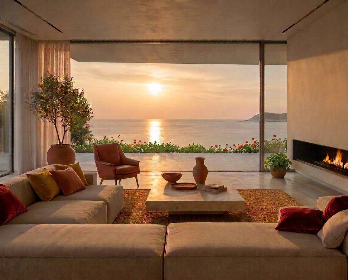 Interior moderno en tonos grises, blancos y beige con luz natural